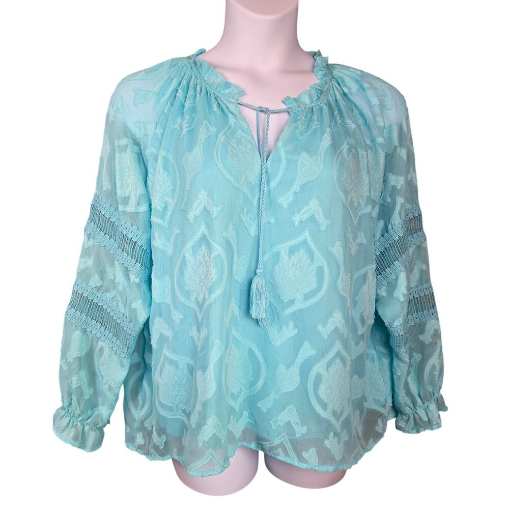 Belle by Kim Gravel Blouse Women's 1X Aqua Burnout Tassel Boho Sheer A471025